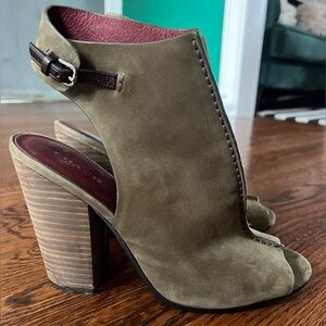 Coach Olive Green Peep-Toe Suede Heeled Sandals